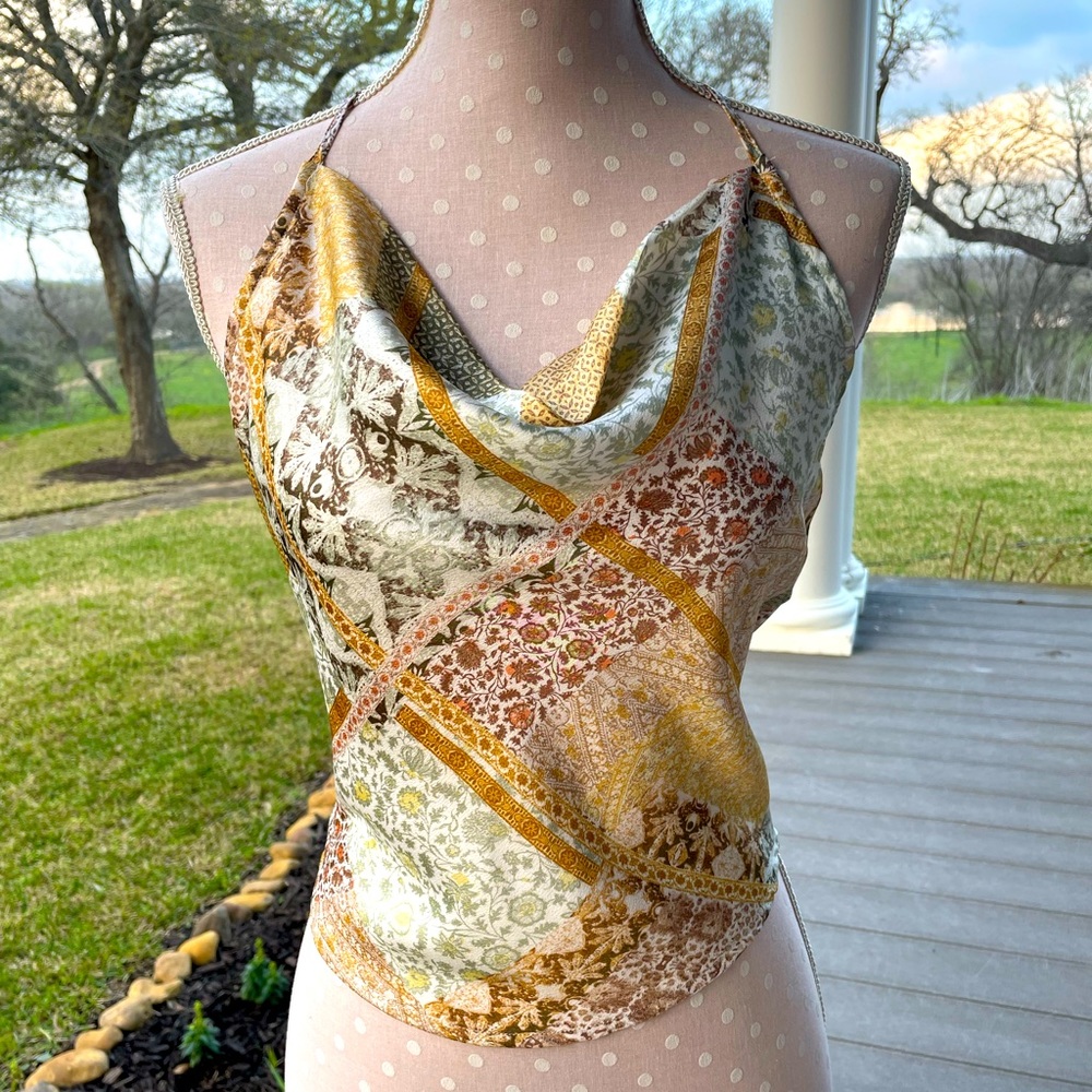 Pleione Satin Boho Bandana Tie Halter Top - Gold Beige Olive Brown White Sm-Med